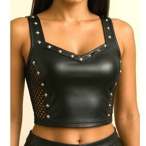 New Medium Vegan Leather Goth Sleeveless Mesh Studded Crop Tank Top Bustier